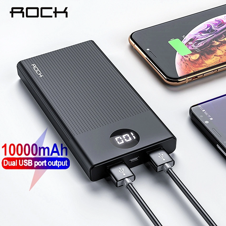 ROCK Power Bank 10000 мАч портативное зарядное устройство для быстрой зарядки Dual USB Mini