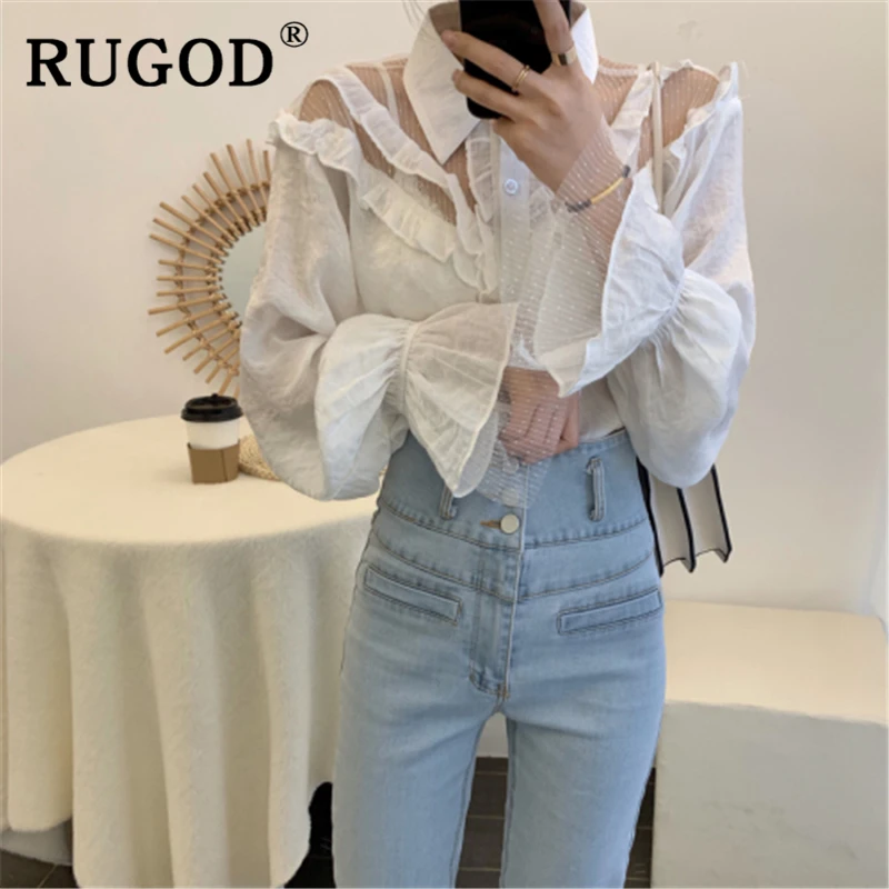 RUGOD элегантная кружевная женская блуза с оборками корейские шикарные
