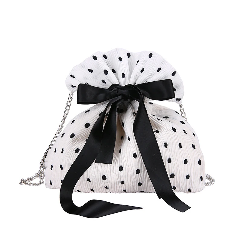 

Summer New Wave Point Silk Drawstring Bucket Bag Shoulder Lady Chain Messenger Bag Wallet