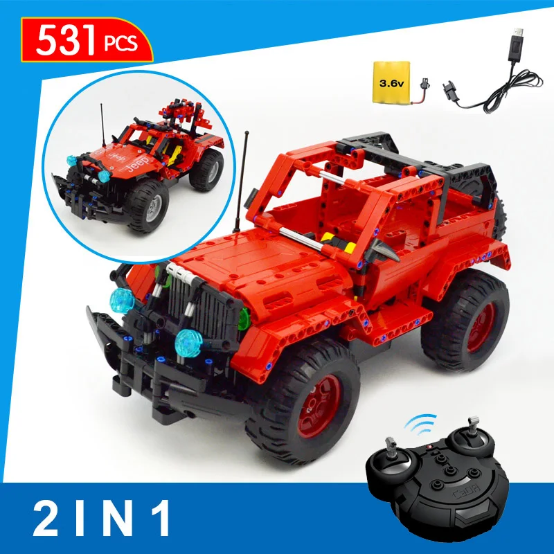 

531pcs 2 in 1 Technic Series Building Block RC Jeep Wrangler Remote Control Cross Country Car Blocks Toys For Boys