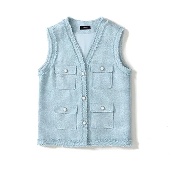 

2019 autumn women v-neck tassel pearls buttons tweed vests Korean loose knitted sleeveless weave waistcoats y438