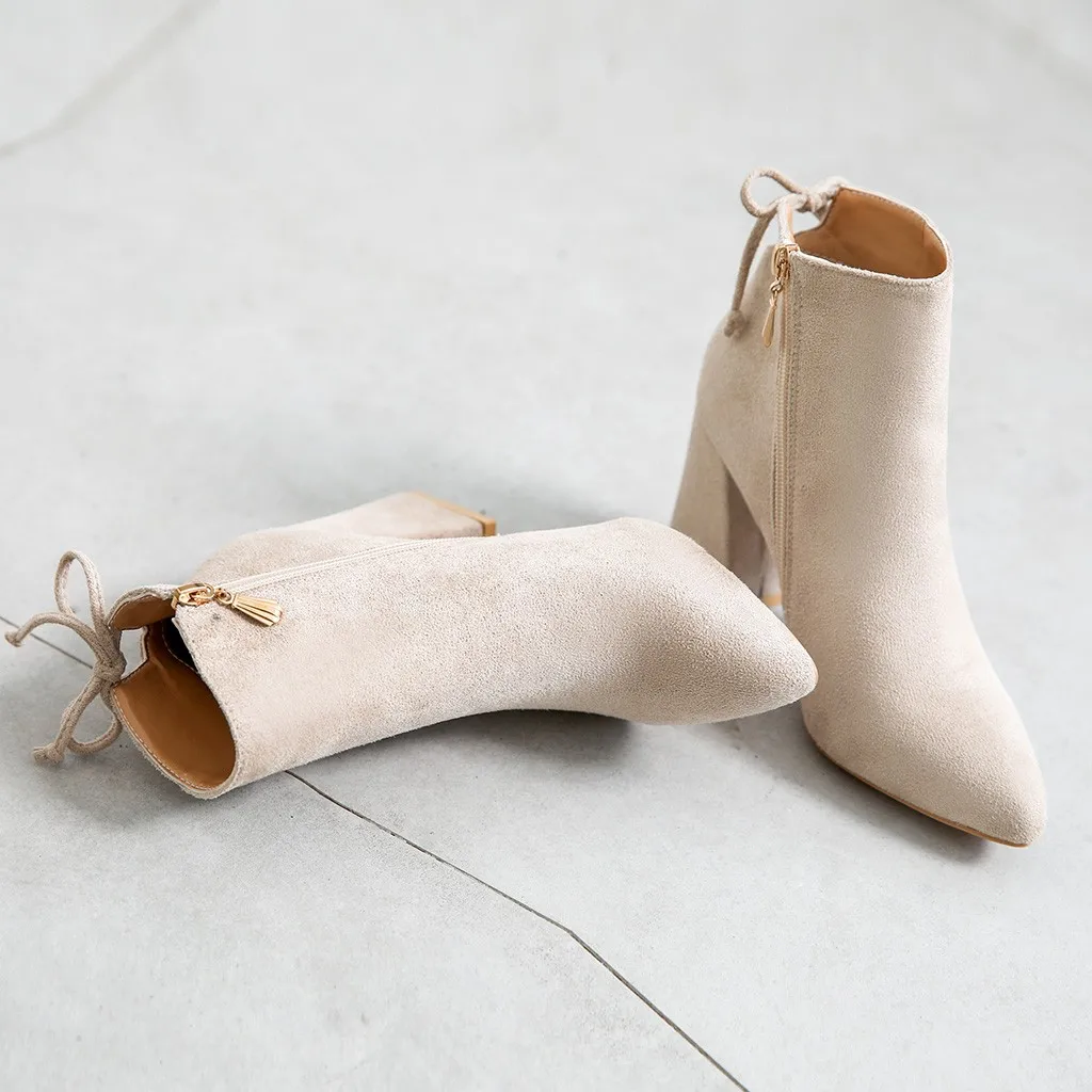Теплые женские ботинки осень-зима модные женские ботинки с острым носком на молнии ботильоны на высоком квадратном каблуке пикантная женская обувь#828