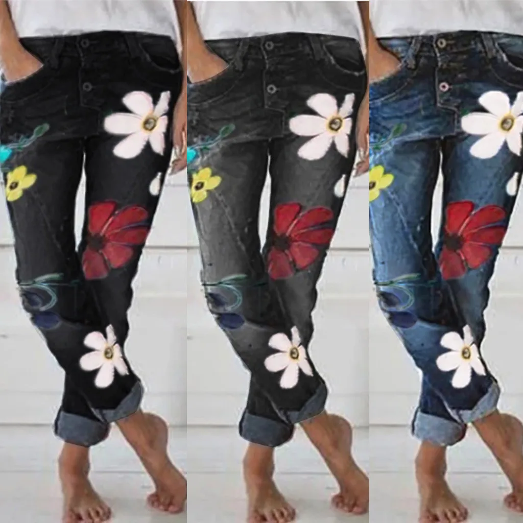 Цветные джинсы с цветочным рисунком женские ретро длинные брюки классические джинсовые узкие брюки женские повседневные Карманы Брюки осенние свободные уличные Новые