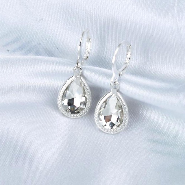 Geometric Crystal Water Drop Earrings For Women Silver Color Red Blue Jewelry Bridal Gift Boucle D'Oreille Femme