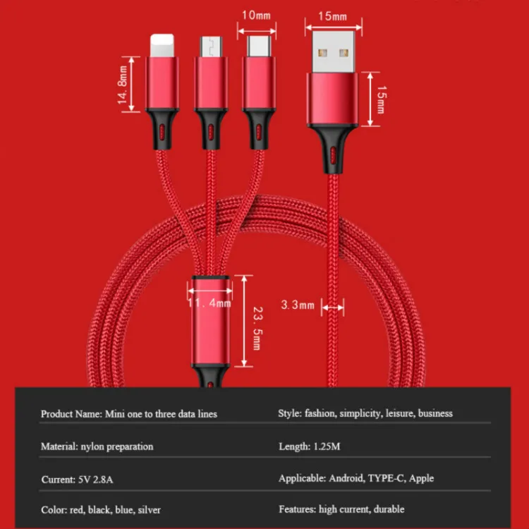 3 в 1 Micro/8 Pin/type C зарядный кабель в оплетке с тройным кабелем для передачи данных многофункциональная синхронная Зарядка для IPhone samsung