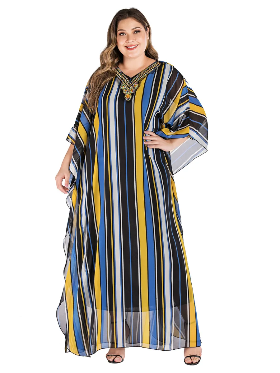 Мусульманская женская одежда abaya, комплект из бисера, Модное шифоновое платье с v-образным вырезом и принтом, Дубай, Турция, женское платье большого размера
