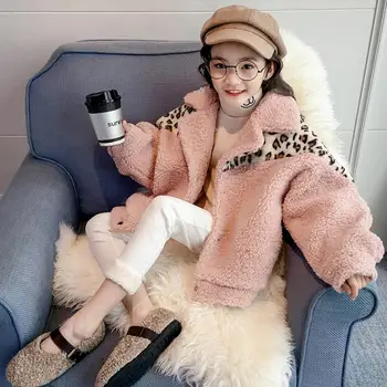 

Winter Girls Lamb Fur Coat Children Faux Fur Jacket Leopard print stitching Thick Warm Outerwear Modis Kids Clothes Jacket Y2249
