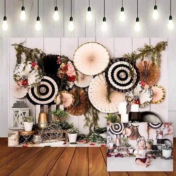 

Mehofond Photography Background Green plants Flower Baby shower Paper Fan Birthday Party Photocall Photo Studio Backdrops Prop