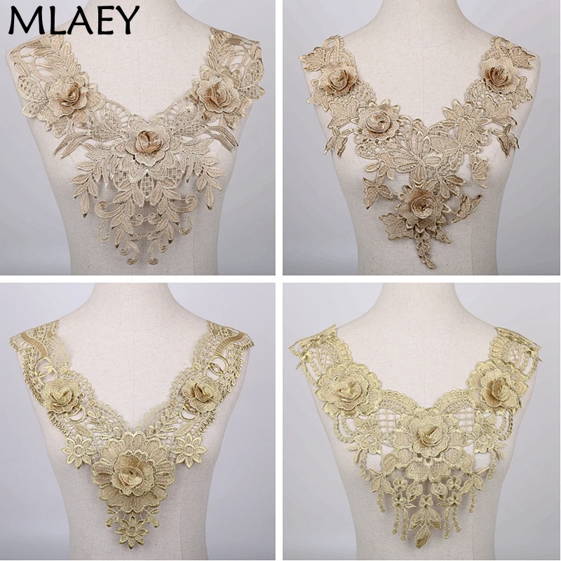 

MLAEY Gold Flower Necklace Lace Collar 3D Embroidery Neckline Applique Sewing Lace Trim DIY Lace Fabric Sewing Fabric Trim 19724