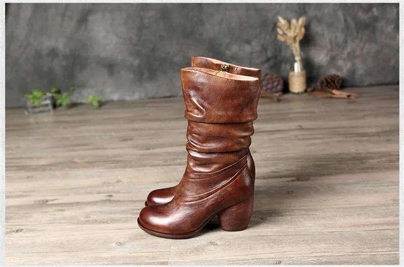 2020 Women Winter Mid-Calf Boots Genuine Leather Handmade Shoes Ladies Fashion Snow Boots Shoes Side Zipper High Heels Warm Boot (16)