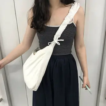 

Women Bucket Messenger Bag Women's Literary Simple Large Capacity Black White Wide Shoulder Strap Canvas Shoulder Bag