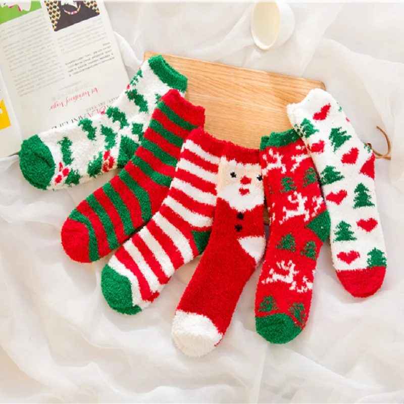 Рождественские носки Для женщин Для мужчин с героями мультфильмов милые носки зимние теплые плотные вельветовые кашемировые Санта Клаус носки, Коралловый кашемир
