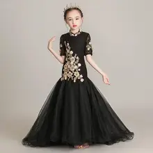 Платье для девочек кружевное черное детское платье русалки подиумные платья принцессы с цветочным рисунком для свадьбы Детские вечерние платья S674
