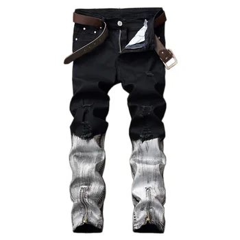 

Fashion Brand Mens Jeans Straight Ripped Jeans For Men Zipper Fly Denim Jeans Men Fashion Designer Pants Black White Jean,1873