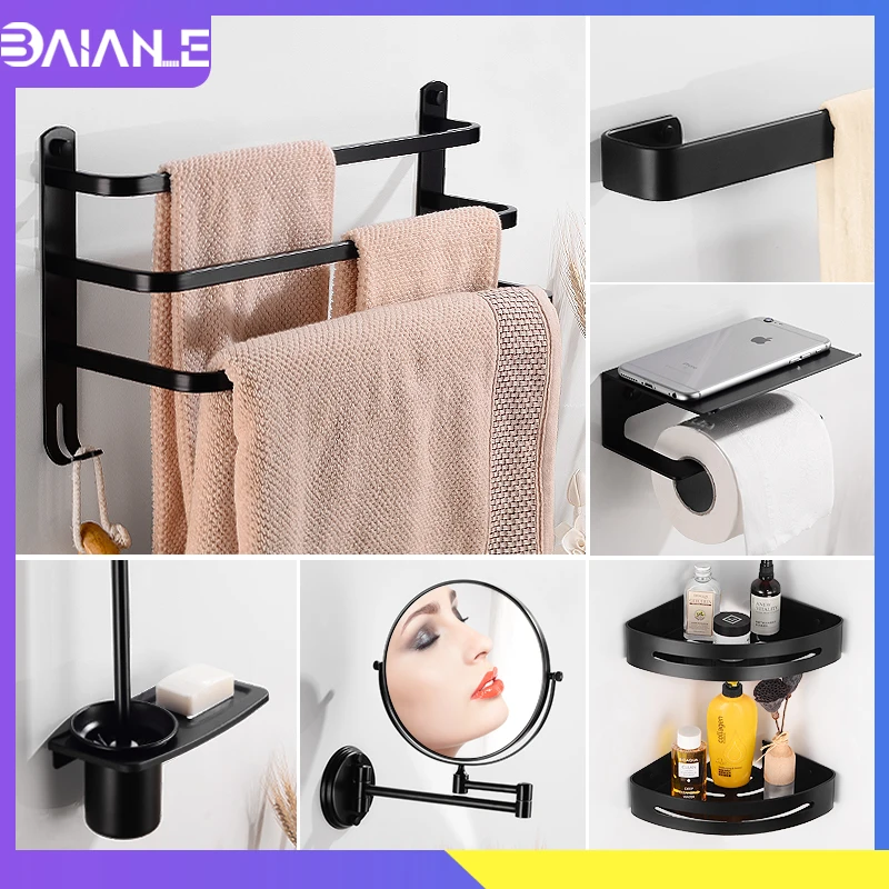 

Towel Holder Black Towel Rack Hanging Holder Three Layer Towel Bar Aluminum Bathroom Shelf Shower Organizer Toilet Paper Holder
