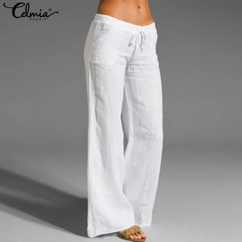 

2020 Celmia Casual Women's Wide Leg Pants Fashion Woman Linen Pantalon Female Elastic Waist Trousers Plus Size Long Palazzo 5XL