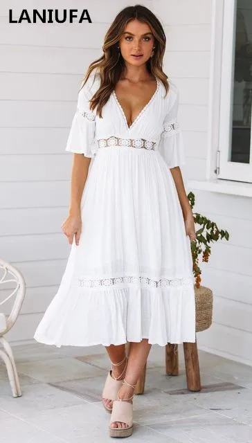 Women dress Sexy Hollow Out Sleeveless beach Dress women Long Dress white wedding Mid-Calf Party Dress women clothes mujer Y923