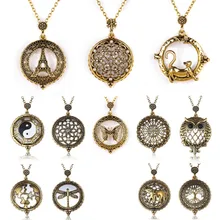 Vintage Life of Tree Cat Owl Pendant Gold Necklace For Women Men Statement Art Magnifying Glass Cabochon Long Chain Jewelry Gift