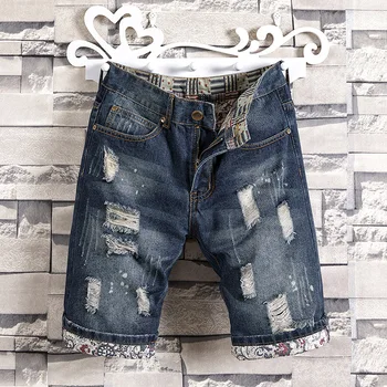 

Men's Summer Denim Shorts Men's New Casual Loose Blue Short Jeans High Street Vintage Hole Stretch Denim Shorts Brand Jeans 38