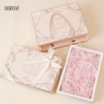

Large Wedding Birthday Party Valentine's Day Fashion Pink Bronzing Striped Leaves Package Candy Ring Jewelry Cardboard Gift Box