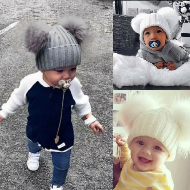 Baby Chunky Knit Toque Beanie Newborn Double Pompom Winter Hat Child