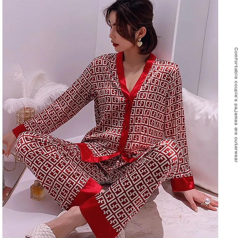 Lace Pj's 2PCS Sleepwear Women Satin Pajamas Suit Summer Pyjamas Casual Intimate Lingerie Long Sleeve Shirt&Pants Lounge Wear