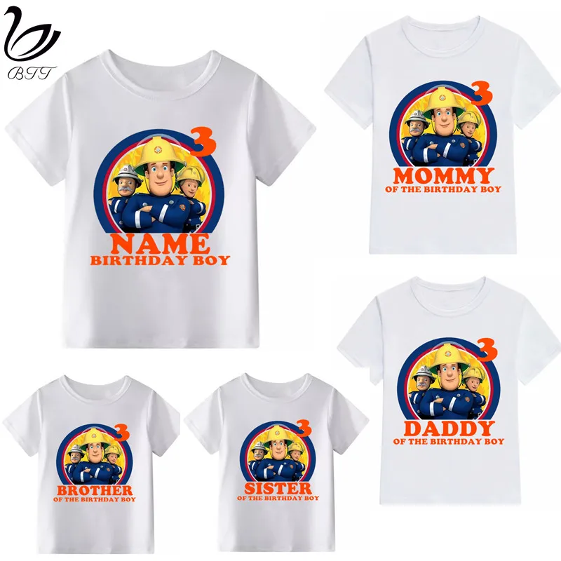 

Family Birthday Number Fireman Sam Cartoon Matching Outfits Kids Birthday Party T-shirt Daddy Mommy and Me Clothes Cute T Shirt