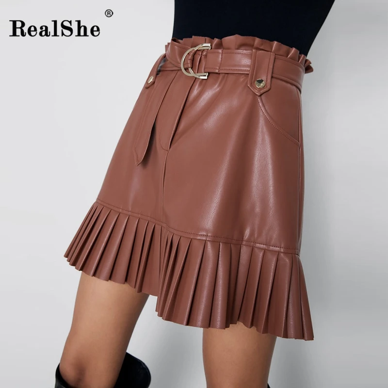 RealShe кожаная женская юбка с оборками плотная мини высокой талией Jupe Femme 2020