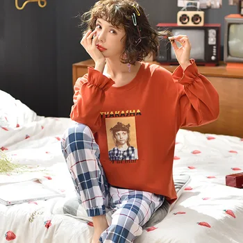 

Round Neck Long Sleeve Girl Lotus Leaf While Receiving Bottom Of A Trouser Leg Lattice Student Home Furnishing Serve Suit