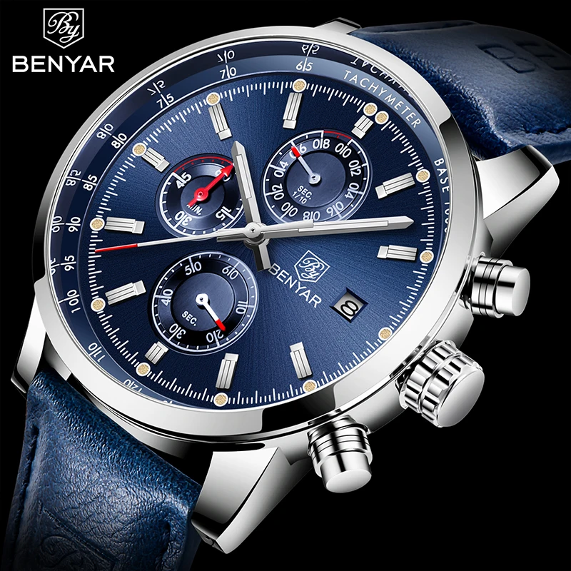 

2023 BENYAR Watches Men Luxury Brand Quartz Chronograph Watch Fashion Sport Automatic Date Leather Men's Clock Relogio Masculino