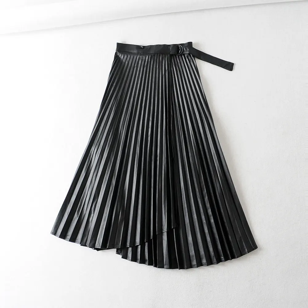 Увядшая английская элегантная неравномерная плиссированная кожаная юбка миди с высокой талией Женская faldas mujer moda женские длинные юбки из искусственной кожи