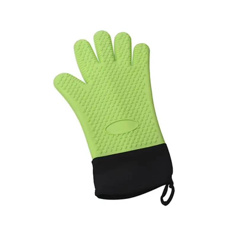 Зеленый 1Pc 1Pc Food Grade Thick Heat Resistant Silicone Glove Full Fingered Baking BBQ Anti-Skid Oven Cooking Mittens Non-Slip Cotton - Цвет: Зеленый