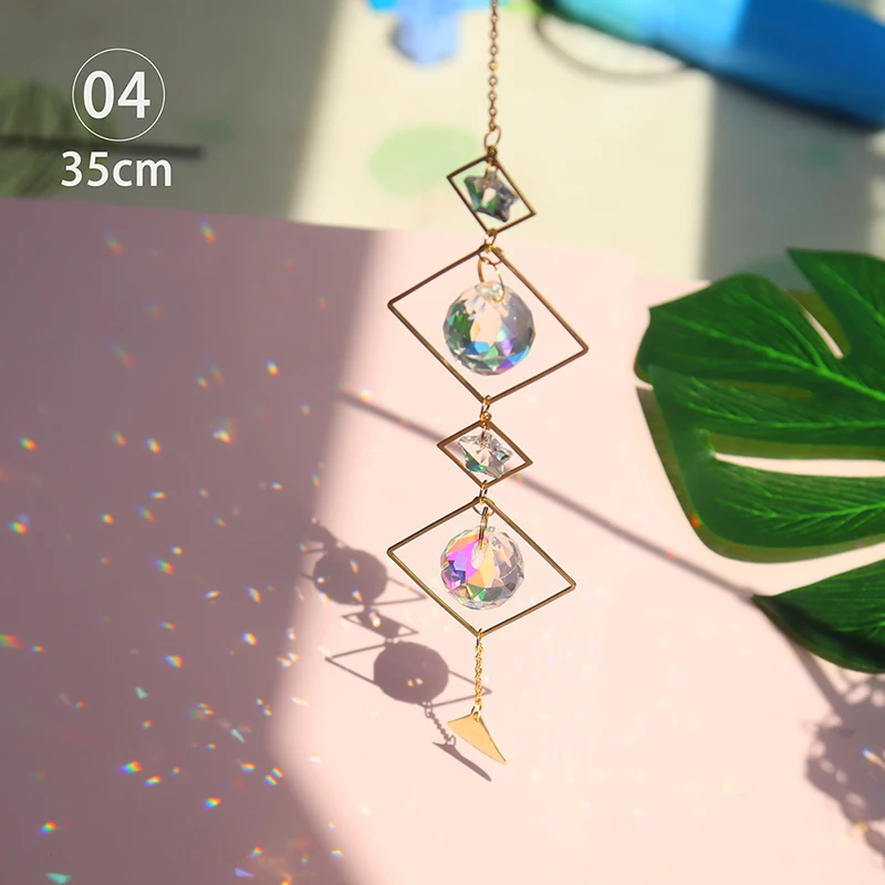 Crystal Geometric Wind Chime Star Moon Pendant Sun Suncatcher Plated Colorful Beads Hanging Drop For Outdoor Indoor Garden