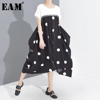 

[EAM] Women Black Dot Printed Irregular Big Size Dress New Round Neck Short Sleeve Loose Fit Fashion Spring Summer 2020 1U15401