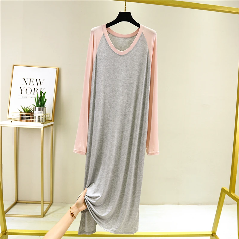 Spring Long Sleeve Nightgowns Women V-neck Modal Sleepshirts LeisurePatchwork Lounge Wear Breathable Simple Pregnant Nightwear
