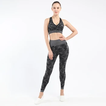 

SALSPOR Camouflage Fitness Sets Women Slim Shockproof Workout Vest Seamless Jeggings Female High Waist Hip Push Up Leggings Suit