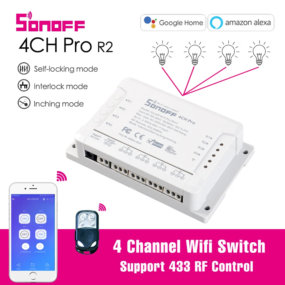 Sonoff 4CH Pro R2 WiFi Smart Switch 4 Gang Inching Self-Locking Interlock Compatibile Con  Alexa Google Home Assistant IFTTT Wireless RF Con 433 MHz Guida DIN 