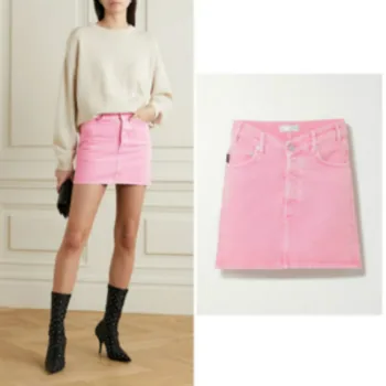 

Women's Button Denim Skirt V-waist Pink Sweet Sexy Stonewashed Denim Skirt