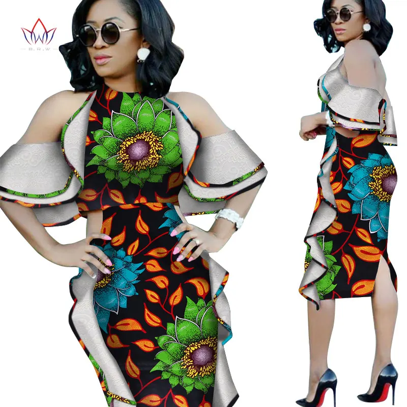 Новая мода Дашики африканские платья для женщин Базен Riche Анкара принт с открытыми плечами кружевные платья Женская африканская одежда WY4976 - Цвет: 17