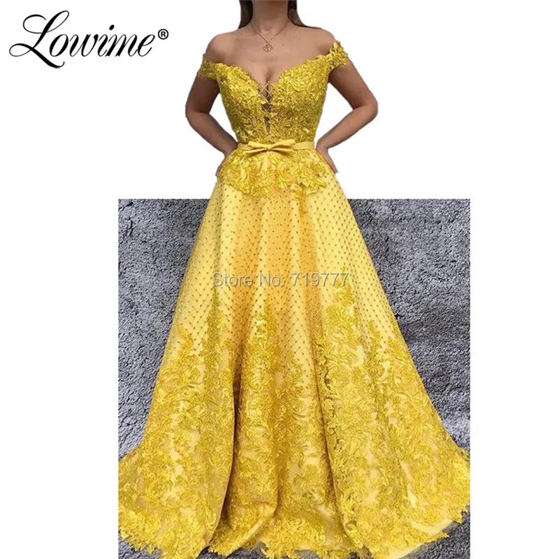 

Yellow Off The Shoulder Evening Dresses Applique Long Prom Dress New Arrival 2020 Arabic Celebrity Dress Vestidos De Fiesta