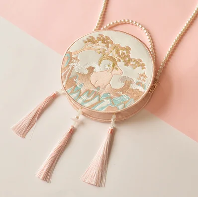 Angelatracy Hanfu Chinese Tiger Dragon Embroidery Tassel Rabbit Sheep Snake Horse Mouse Cow Monkey Pig Shoulder Circular Bags