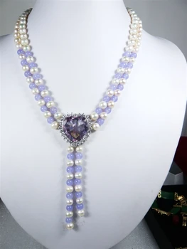 

2 rows 7-8MM White Genuine Freshwater Pearl purple jade bead+ heart -shaped purple amethyst pendant necklace 18inches