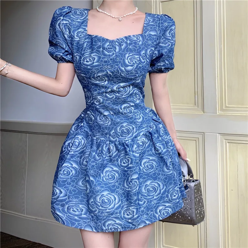 

Женское мини-платье в стиле ретро с цветочным принтом и квадратным воротником, короткие пышные рукава, высокая талия, женские платья трапециевидной формы, лето 2021