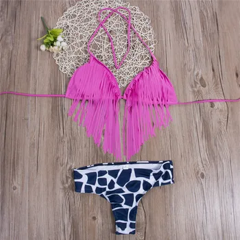 

Women Sexy Bikini Set Tassel Push Up Padded Bra Leopard Pattern Thong Swimsuit 2PCS Female Halter Lace-up Bathing Swim Beackwear