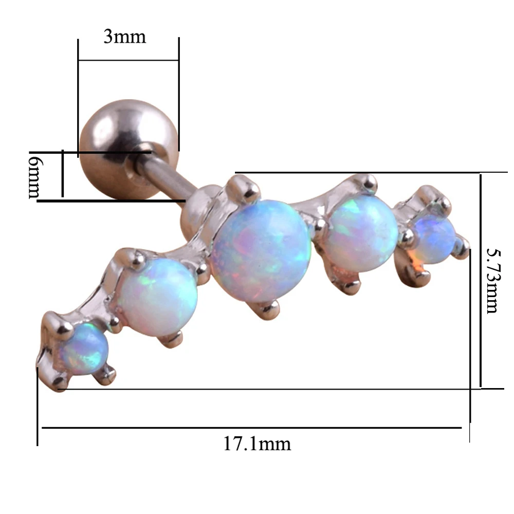 1PC 16g Stainless Steel Opal Prong set Ear Tragus Cartilage Helix Earring Stud Piercing Body Jewelry