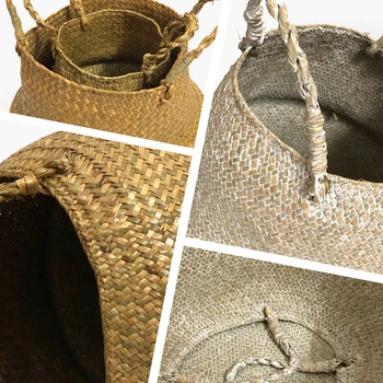 

Storage Basket Hanging Basket With Handle Flower Pot Foldable Handmade Garden Flower Vase Natural Seagrass Bamboo Storage Pot
