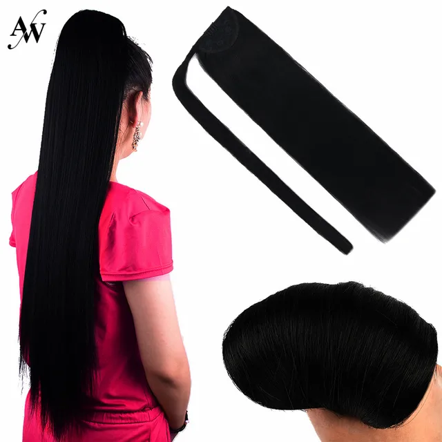 AW 12''-24'' Ponytail Human Hair Wrap Around Machine Remy Hair Extensions Brazilian Hair Extensions Clip Ins Blonde Brown Color #1