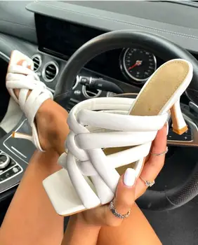 

Shoes Fretwork Heels Slippers Casual Slides Heeled Mules Luxury High Thin PU Rome Rubber Fabric Basic Fashion Super Fretwork