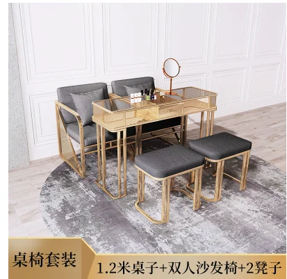 Net red light luxury manicure table and chair set marble iron manicure table glass surface single double three person economic t