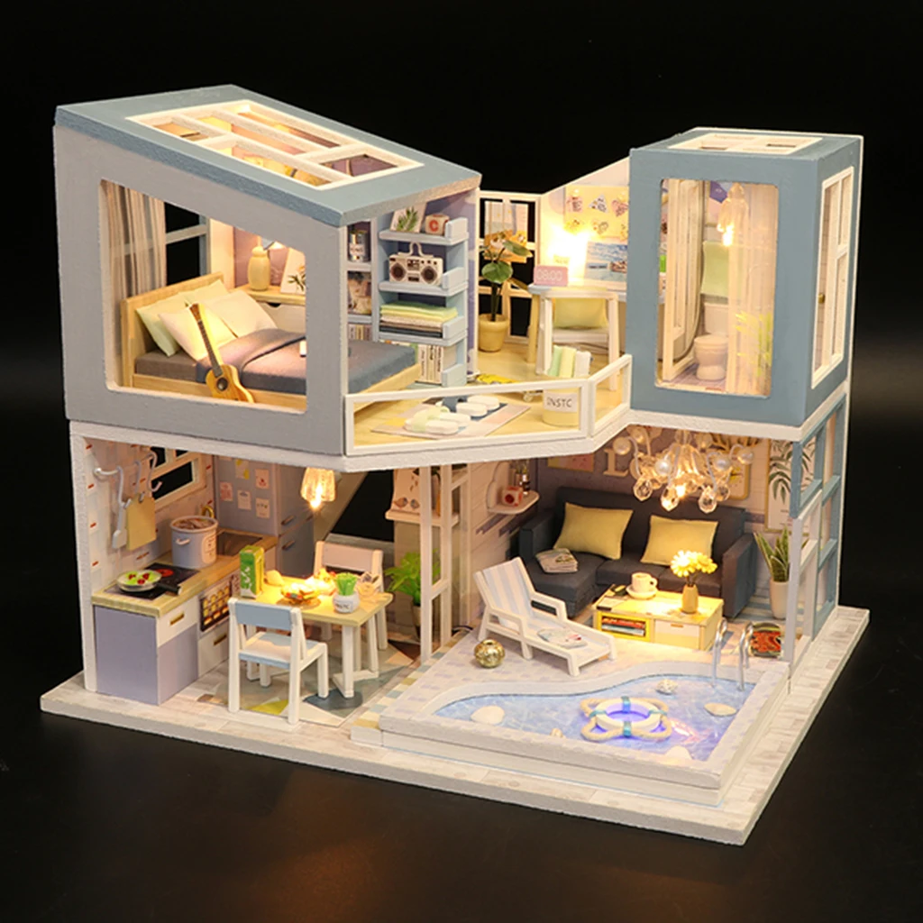 1/24 DIY Miniatur Puppenhaus Kreatives Teehaus Mit Möbeln LED Lichter Spielzeug 